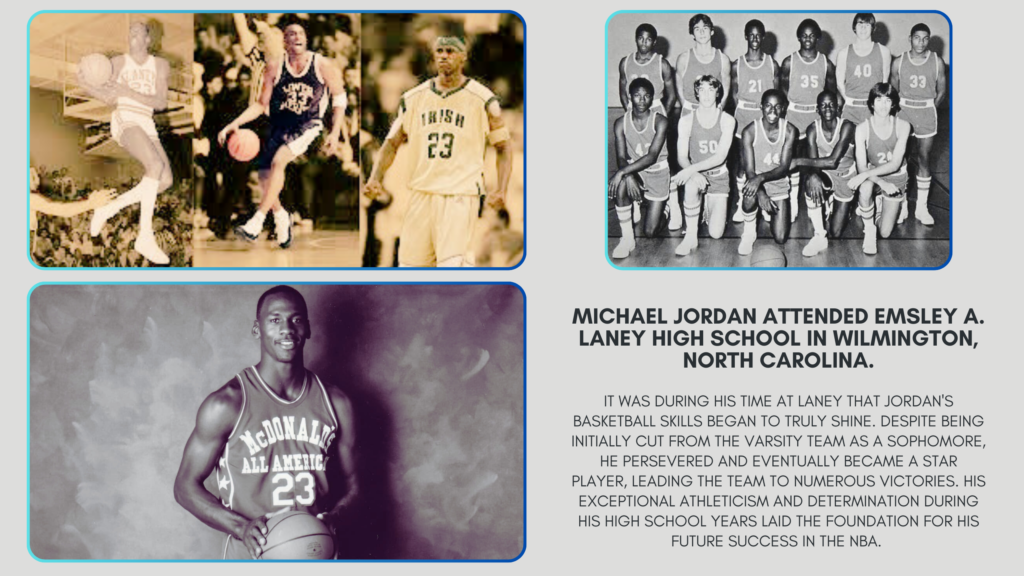 "A photo of Michael Jordan in his high school basketball uniform, looking determined on the court."